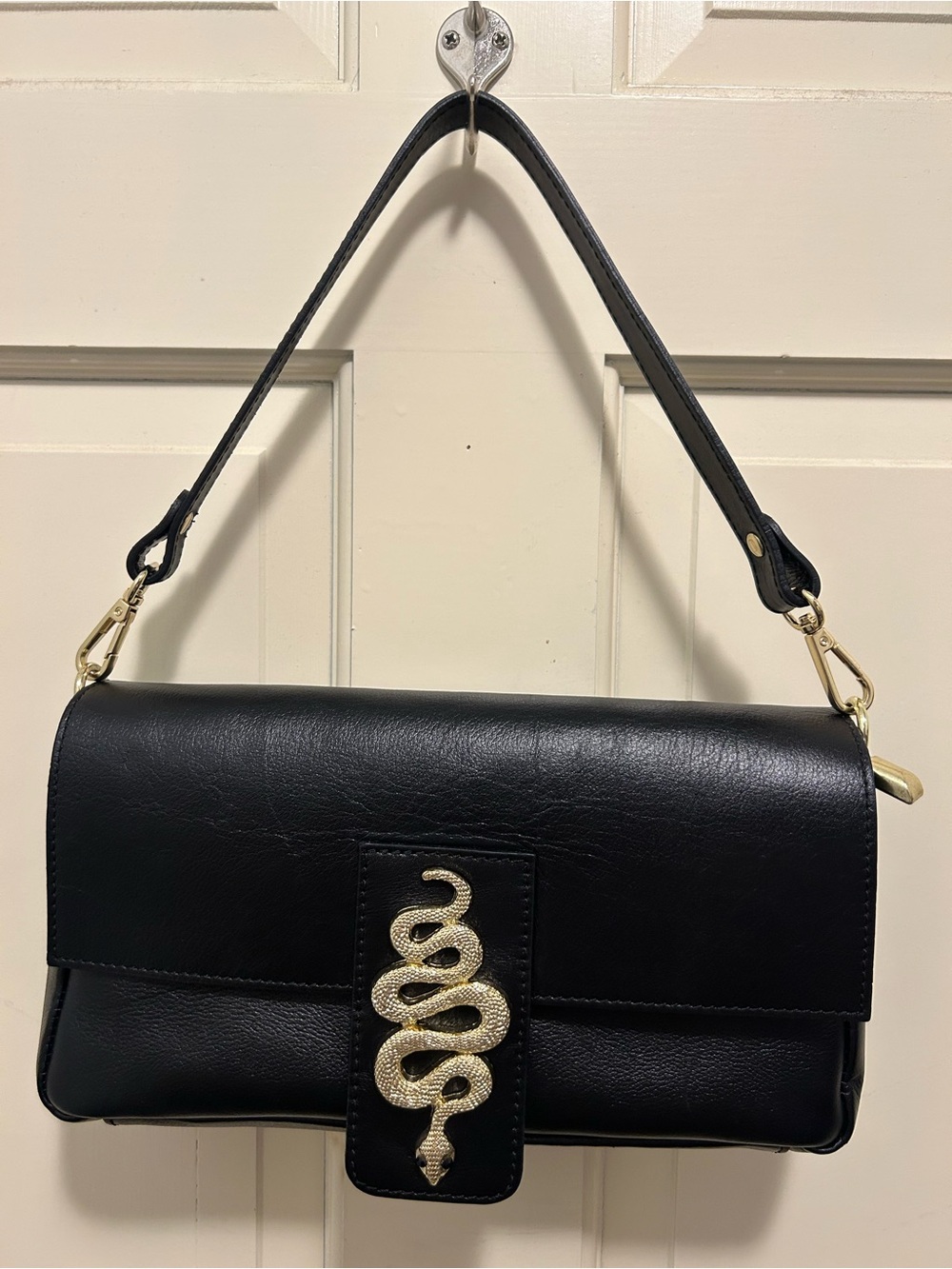 House of Harlow 1960 Black Shoulder Bag with Gold Snake Accent